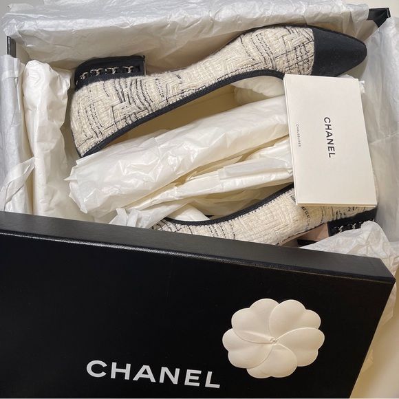 Chanel Chain Link Heel tweed CC Ballerinas flat black white size 39women - Picture 2 of 12